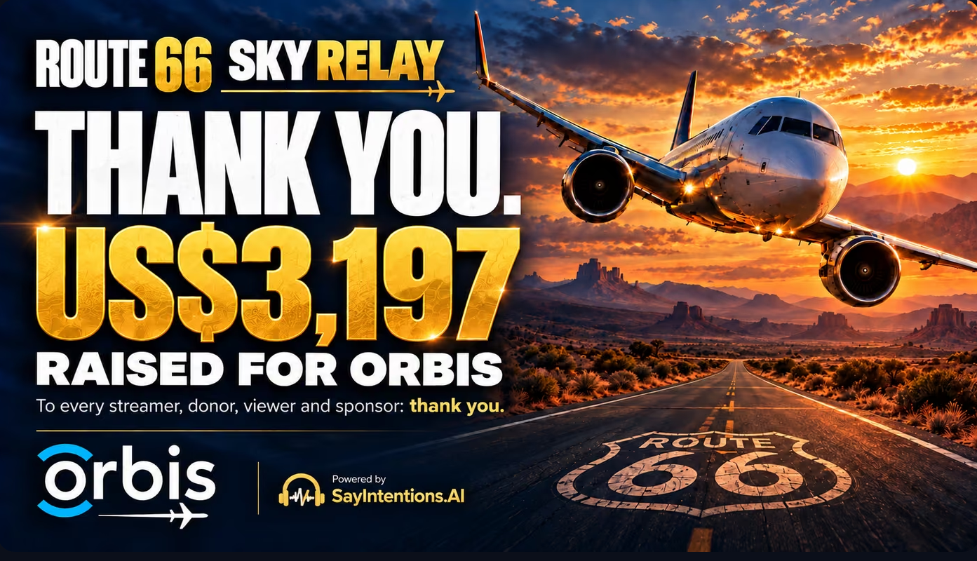 Route 66 Sky Relay thank-you artwork showing $3,197 raised for Orbis