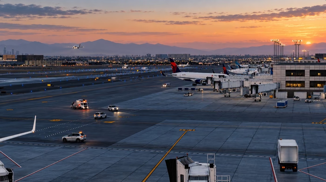 Airliner traffic at an airport terminal at sunset, supplied for SayIntentions.AI X-Plane traffic coverage