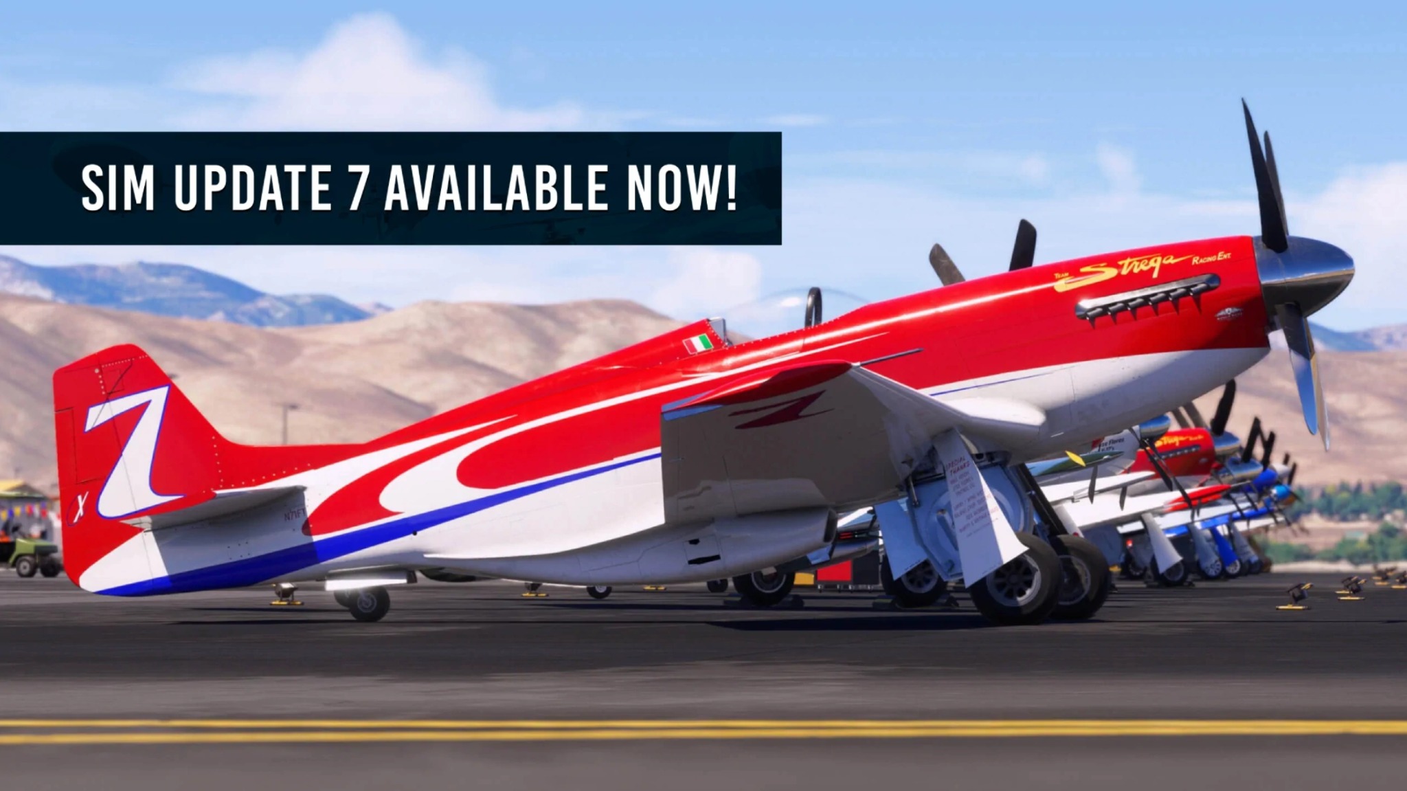Official Sim Update 7 available now artwork showing a red racing aircraft